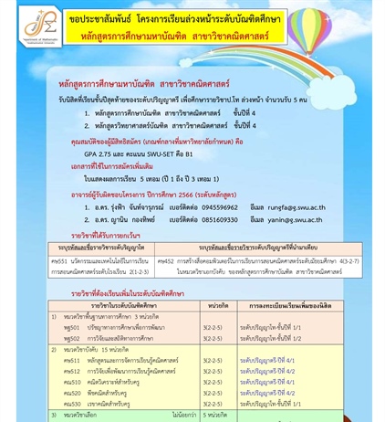 ขอประชาสัมพันธ์ โครงการเรียนล่วงหน้าระดับบัณฑิตศึกษา