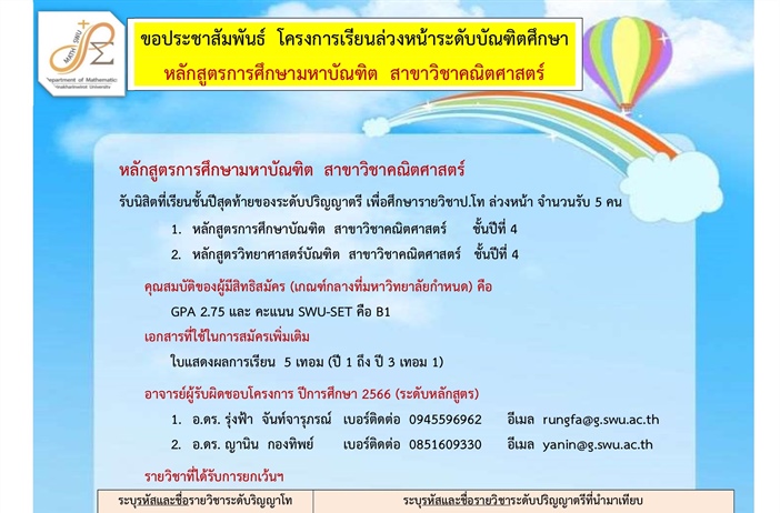 ขอประชาสัมพันธ์ โครงการเรียนล่วงหน้าระดับบัณฑิตศึกษา