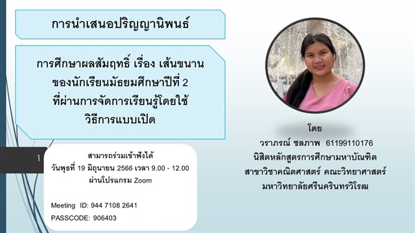 การนำเสนอปริญญานิพนธ์ การศึกษาผลสัมฤทธิ์ เรื่อง เส้นขนาน ของนักเรียนมัธยมศึกษาปีที่ 2